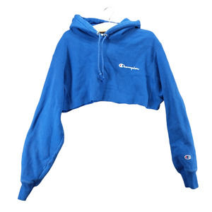 Champion Reverse Weave Women's Pullover Cropped Hoodie Sweatshirt Blue Medium